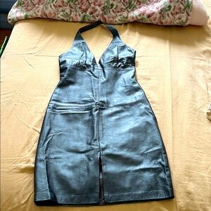 Genuine Leather Metallic Gray Halter Dress Laundry by Shelli Segal Size 4